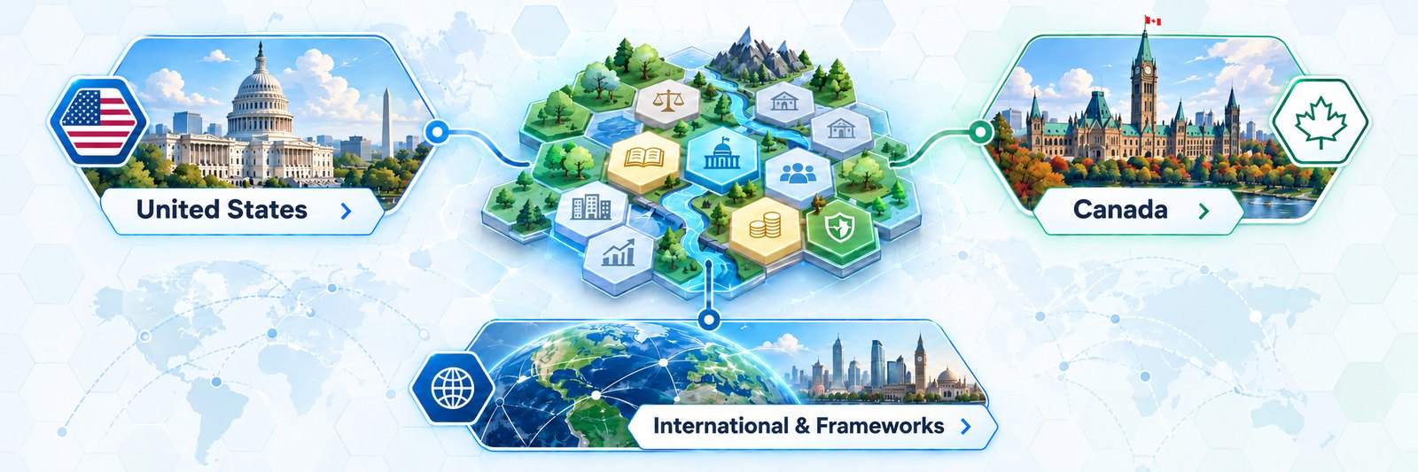 Civic Mirror curriculum pathways for the United States, Canada, and international frameworks
