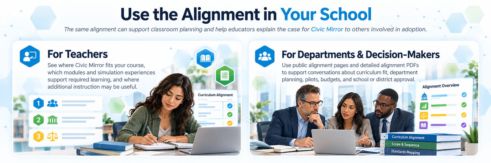 How teachers, departments, school leaders, and decision-makers can use Civic Mirror curriculum alignments